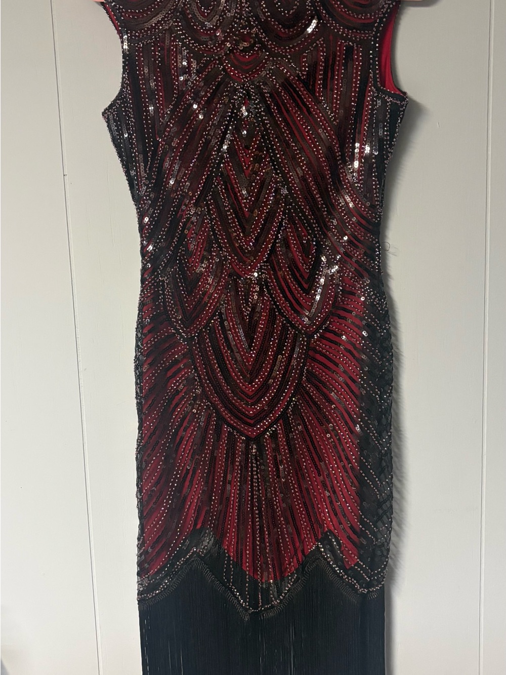 Sleeveless Red and Black Beaded Midi Dress